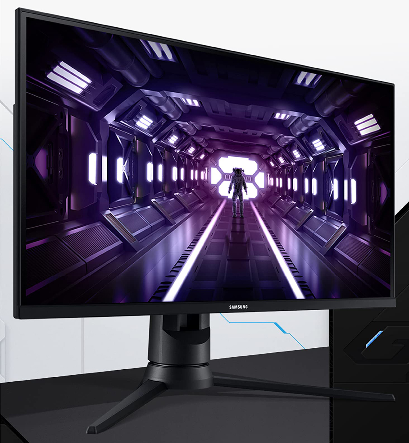 An Odyssey G35T Gaming Monitor is tilted slightly to the right 